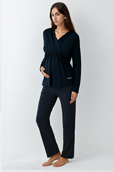 Pierre Cardin Kadın Uzun Kollu Lacivert Puantiye Desenli Hamile & Lohusa Pijama Takımı