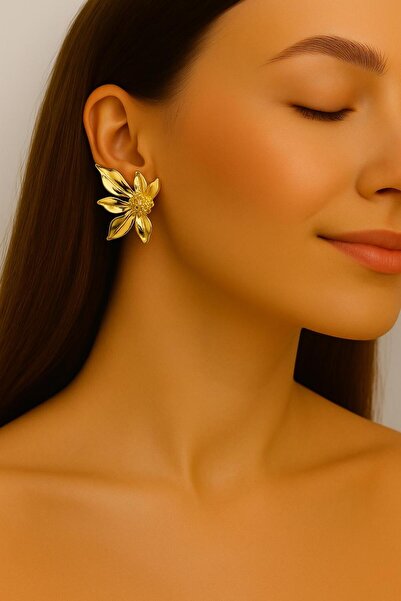 LUFES Gold Yarım Çiçek Kadın Küpe