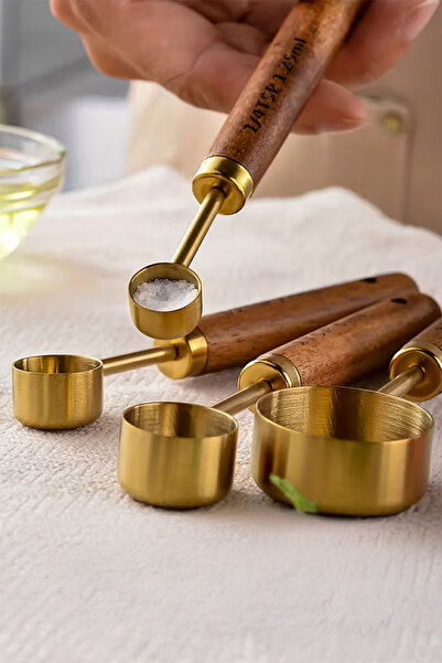 Perotti Vasto 4-Piece Stainless Steel Measuring Spoon Set with Wooden Handle Measuring Cup 1.25ml 2.5ml 5ml 15ml