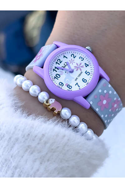 Q&Q Girl's Wristwatch, Gray Silicone Strap, Suitable for Pool and Sea Use at 10 Atm, Pearl Bracelet Gift