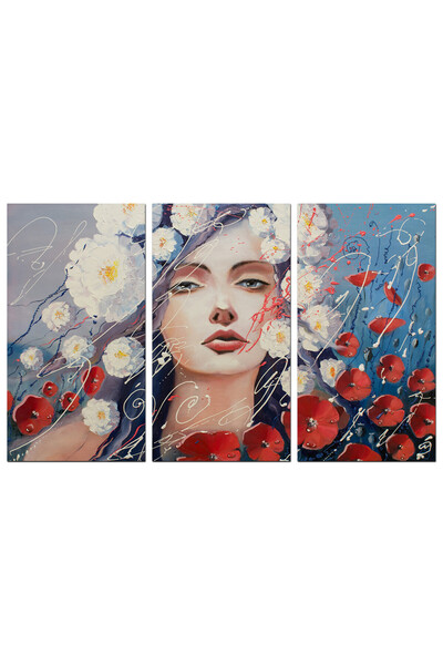 Generic لوحه جداريه - رسمة إمرأه مع الزهور - 1574 - مقسمه ثلاثة قطع