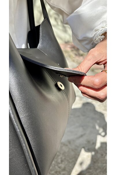 LİZZY BAG Geantă de umăr cu volum mare, cu închidere cu capsă, din piele artificială neagră Nova Tote