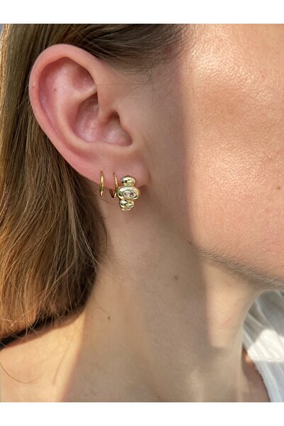 Hora Gömme Zirkon Detaylı Gold Çelik Halka Küpe