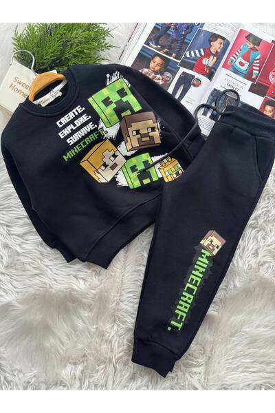 💥 Yeni Sezon Minecraft Baskılı Siyah Çocuk Eşofman Takımı 💥