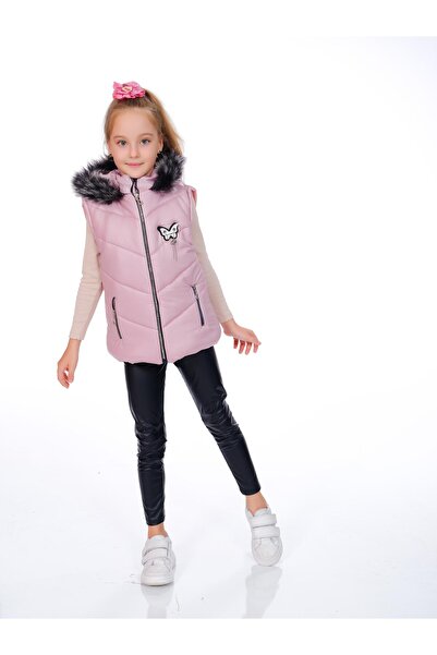Kamex Girls' Embroidered Winter Faux Leather Padded Vest