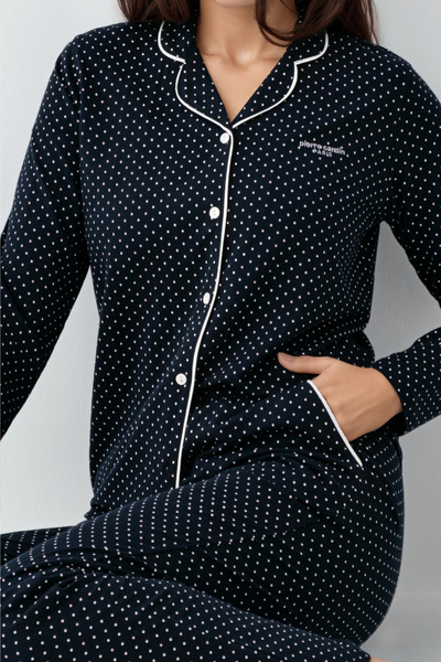 Pierre Cardin Kadın Lacivert Puantiye Desenli Uzun Kollu Pijama Takımı