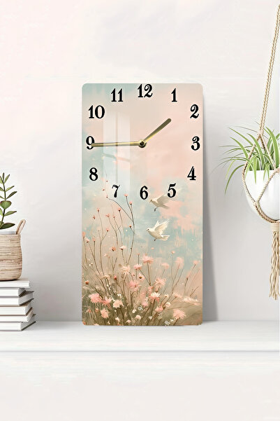 kutuTR Pembe Çiçekler ve Uçan Kuşlar Temalı Temperli Cam Tablo Saat 30×60 cm ...
