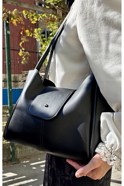 LİZZY BAG Geantă de umăr cu volum mare, cu închidere cu capsă, din piele artificială neagră Nova Tote