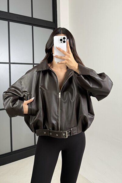 Moderk PB Kemerli Oversize Kadın Deri Ceket