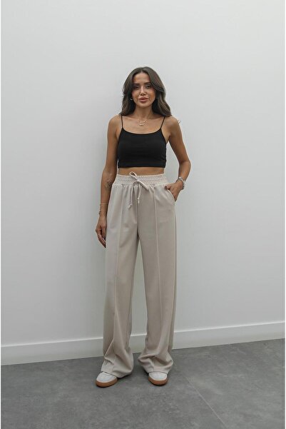 Havoş Beige Elastic Waist Front Stitched Pants