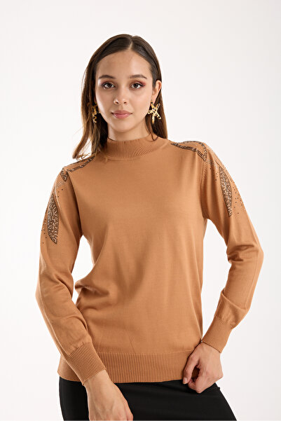 Moda Days Women's Beige Elite Viscose Fabric Stone Detailed Shoulder Half Tur...