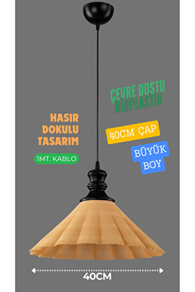 decory Melany Hasır Rattan Görünümlü Sarkıt Avize, Metal Başlık Rustik Tekli Sarkıt Avize (Bioplastik)