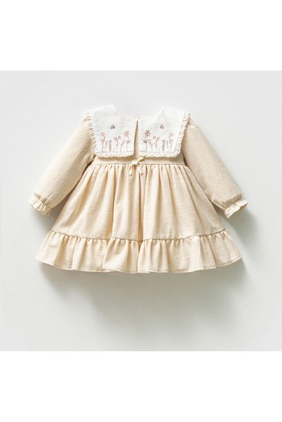 damdamin 100% Cotton Baby Girl Floral Embroidered and Cotton Lace Bib Collar&Zippered&Lined Long Sleeve Dress