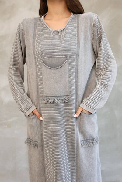 AYASOFYA OTANTIK Women's Gray Bag Pocket Long Sleeve Vintage Detailed Loose Cotton Knit Long Dress
