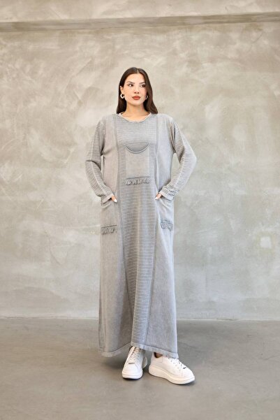 AYASOFYA OTANTIK Women's Gray Bag Pocket Long Sleeve Vintage Detailed Loose Cotton Knit Long Dress