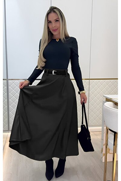 buğrahayalin Women's High Waisted Maxi Leather Beltless Skirt