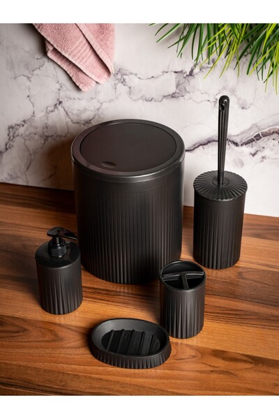 Hill Homes Black 5-Piece Bathroom Set – Luxury Trash Can, Toothbrush Holder, 2 Soap Dishes & Toilet Brush