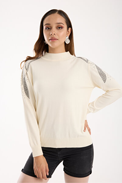 Moda Days Women's Ecru Elite Viscose Fabric Stone Detailed Shoulder Half Turtleneck Knitwear Blouse