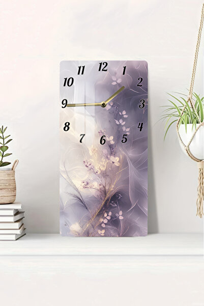 kutuTR Mor Pastel Yaprak Desenli Temperli Cam Tablo Saat 30×60 cm HD UV Baskı...