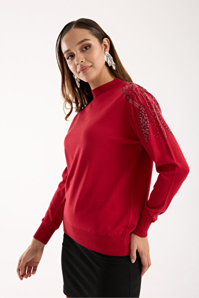Moda Days Women's Red Elite Viscose Fabric Stone Detailed Shoulders Half Turtleneck Knitwear Blouse