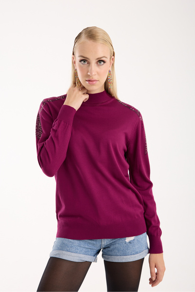 Clothes Fast Women's Plum Elite Viscose Fabric Stone Detailed Shoulders Half Turtleneck Knitwear Blouse