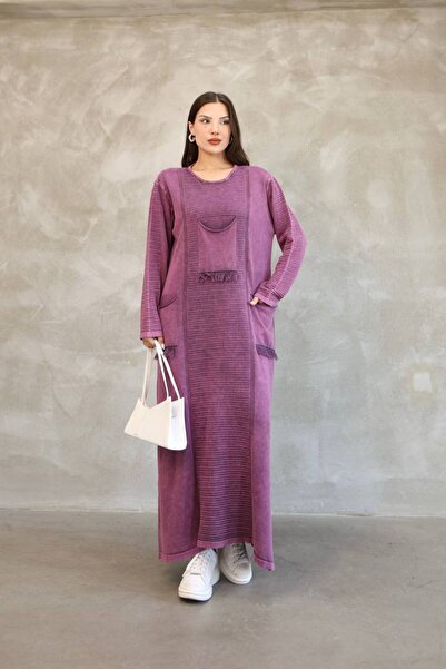 AYASOFYA OTANTIK Kadın Mor Torba Cepli Uzun Kollu Eskitme Detaylı Salaş Pamuk...