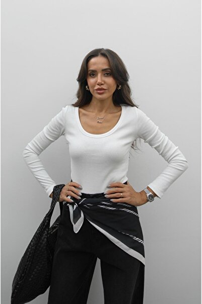 Havoş Ecru Wide Collar Ribbed Blouse