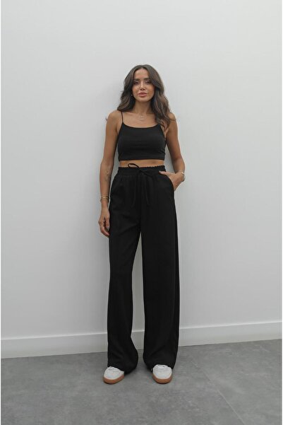 Havoş Black Elastic Waisted Front Stitched Trousers