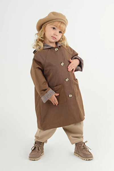 Mioma Kids Kapüşonlu Ekose Astarlı Trençkot Kahve