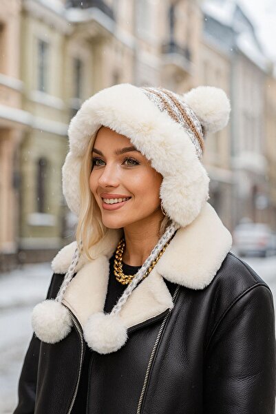 FELLMENS Ecru Soft Textured Double Pompom Women's Beanie