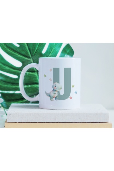 Beramussa Letter U Cute Dinosaur Mug - Dino Design with Light Green Star Deta...