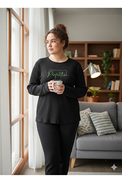 FAMES PİJAMA Women's Plus Size Pajama Set Black