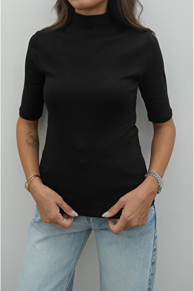 Havoş Μαύρη μπλούζα με ψηλό γιακά και κοντό μανίκι