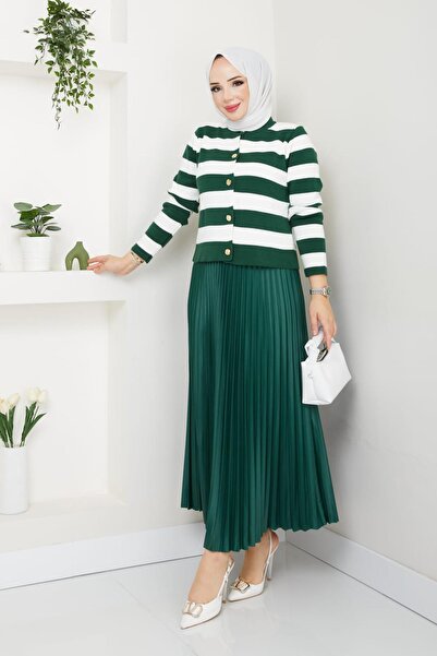 Miraydın Butik Women's Button Detailed Striped Skirt Top Knitwear Cardigan Green Hijab
