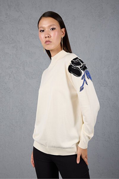 Moda Days Women's Ecru Elite Viscose Fabric Stone Detailed Shoulder Half Turtleneck Knitwear Blouse