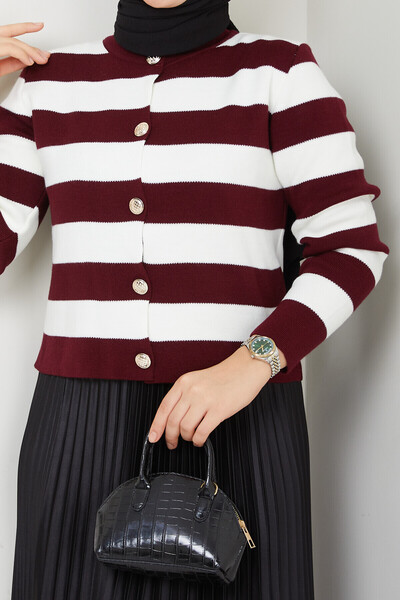 Miraydın Butik Women's Button Detailed Striped Skirt Top Knitwear Cardigan Burgundy Hijab