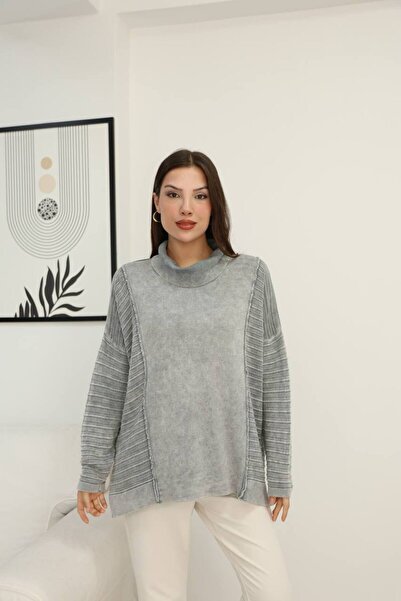 AYASOFYA OTANTIK Women's Gei Turtleneck Vintage Detailed Loose Oversize Cotton Knitwear Blouse Sweater