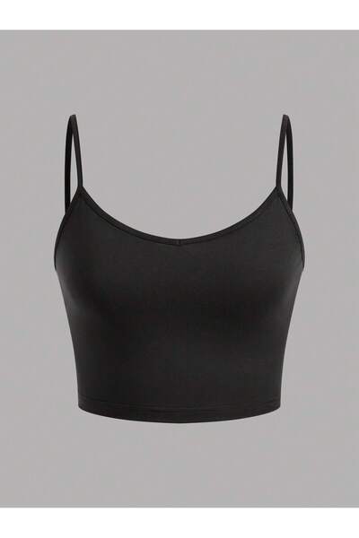 Liona Culoare neagră uni, cu bretele și decolteu în formă de U, crop Bustieră