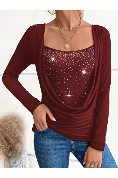 ARONA Equri̇ Women's Long Sleeve Deep V-Neck Rhinestone Sandy Blouse