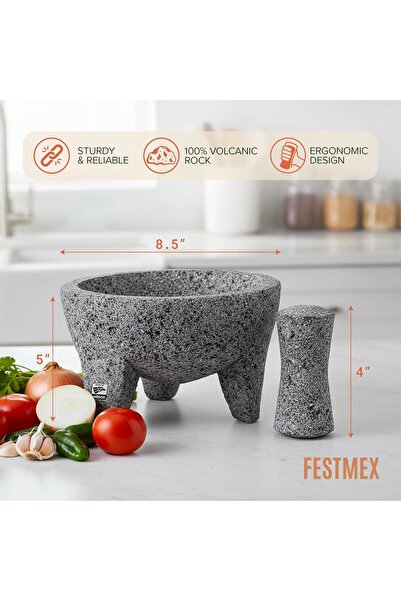 Crate & Barrel Genuine Handmade Mexican Mortar and Pestle, Molcajete de Piedra Natural Volcanica Stone, Heavy & Dur
