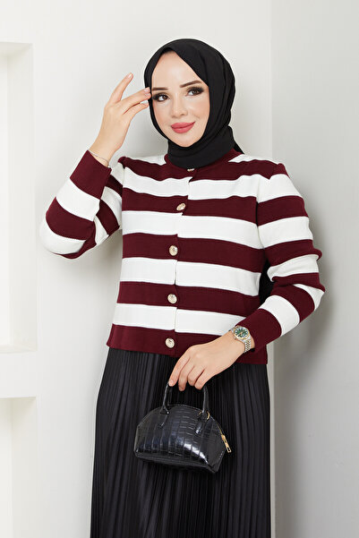 Miraydın Butik Women's Button Detailed Striped Skirt Top Knitwear Cardigan Burgundy Hijab