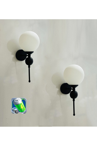 gaziantepavize Şarj Et Kullan Dora Siyah Kasa Beyaz Glop Camlı Metal Şarjlı Pilli Aplik - 2 Adet