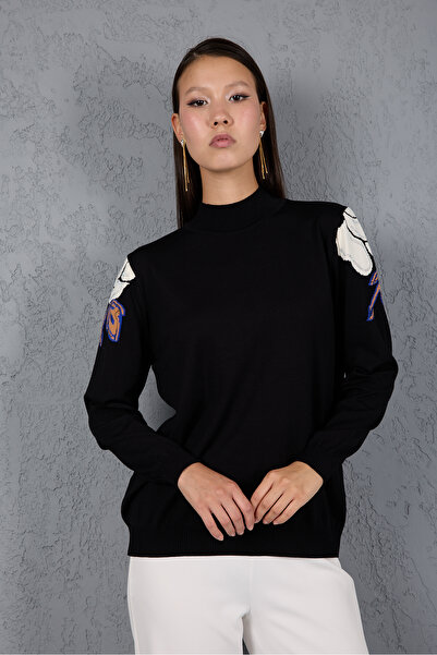 Clothes Fast Women's Black Elite Viscose Fabric Stone Detailed Shoulders Half Turtleneck Knitwear Blouse