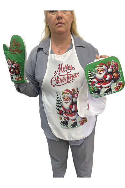 LADİJİTAL BASKI ÇÖZÜMLERİ New Year - Kitchen Set with Santa Claus Image Apron&Gloves&Hat