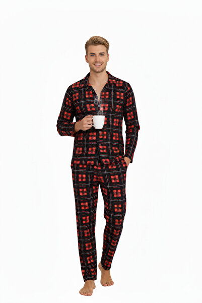 Free Beka Red Plaid Pattern Long Sleeve Shirt Collar Buttoned Men's Pajama Set