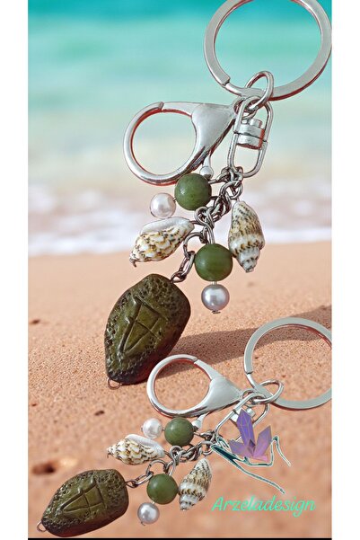 arzela Natural Stone Jade Mussel Vu Bead Tipped Keychain Abundance Prosperity Energy