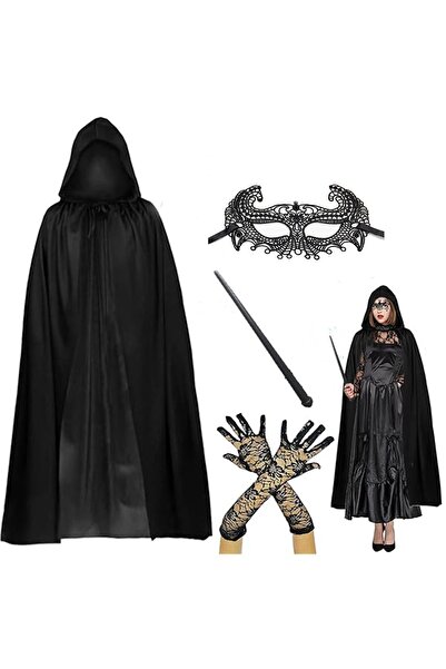 Skygo 120cm Hooded Black Cloak + Staff + Lace Mask + Long Lace Black Gloves C...