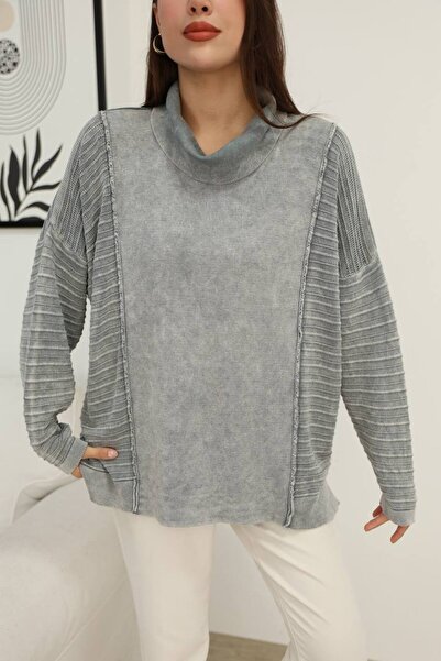 AYASOFYA OTANTIK Women's Gei Turtleneck Vintage Detailed Loose Oversize Cotton Knitwear Blouse Sweater