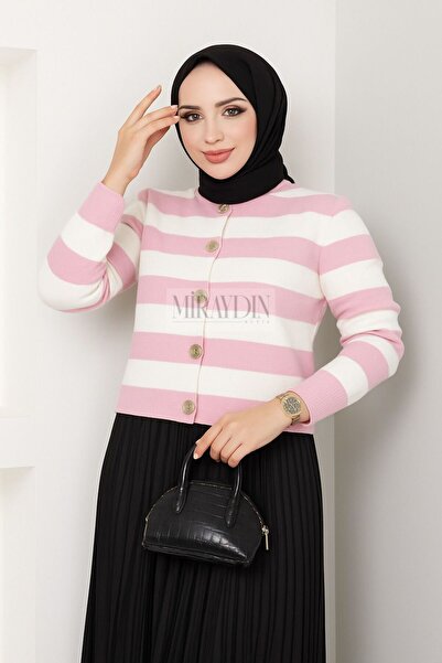 Miraydın Butik Women's Button Detailed Striped Skirt Top Knitwear Cardigan Powder Hijab