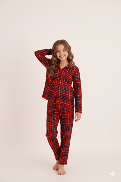 Free Beka Red Plaid Pattern Long Sleeve Shirt Collar Buttoned Girls Pajamas Set